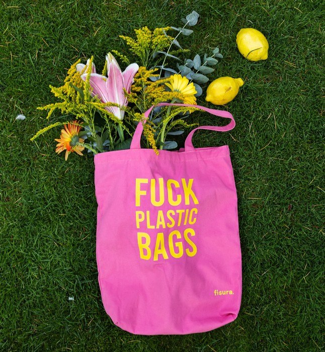 תיק קנבס - Fuck Plastic Bags - pink
