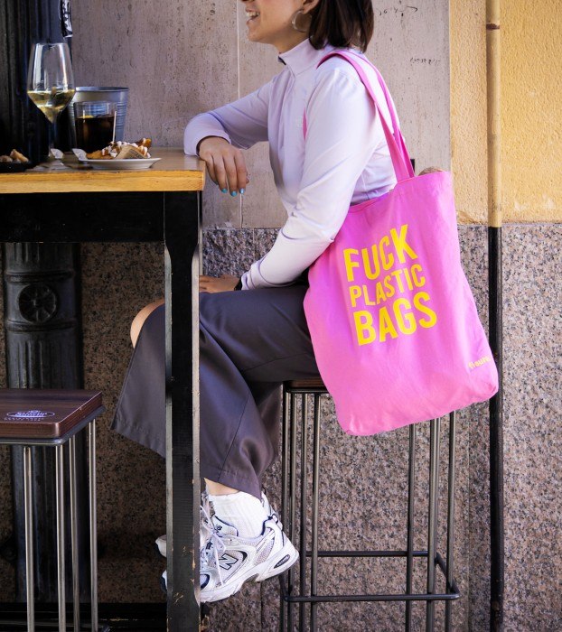 תיק קנבס - Fuck Plastic Bags - pink