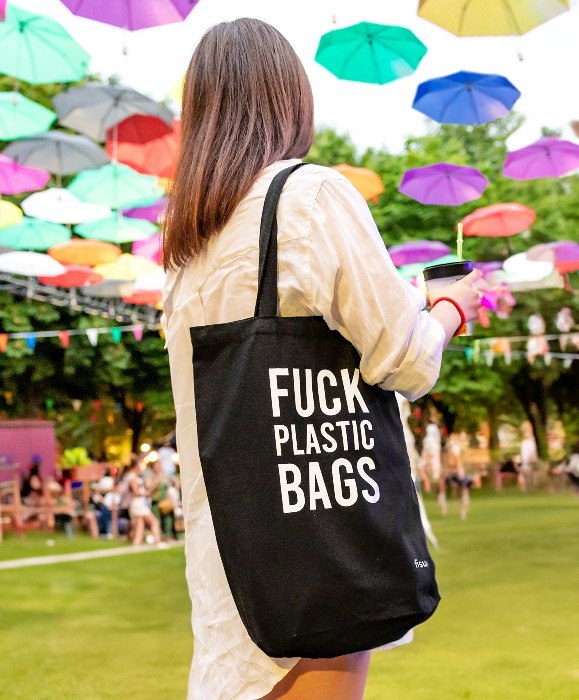 תיק קנבס - Fuck Plastic Bags - black