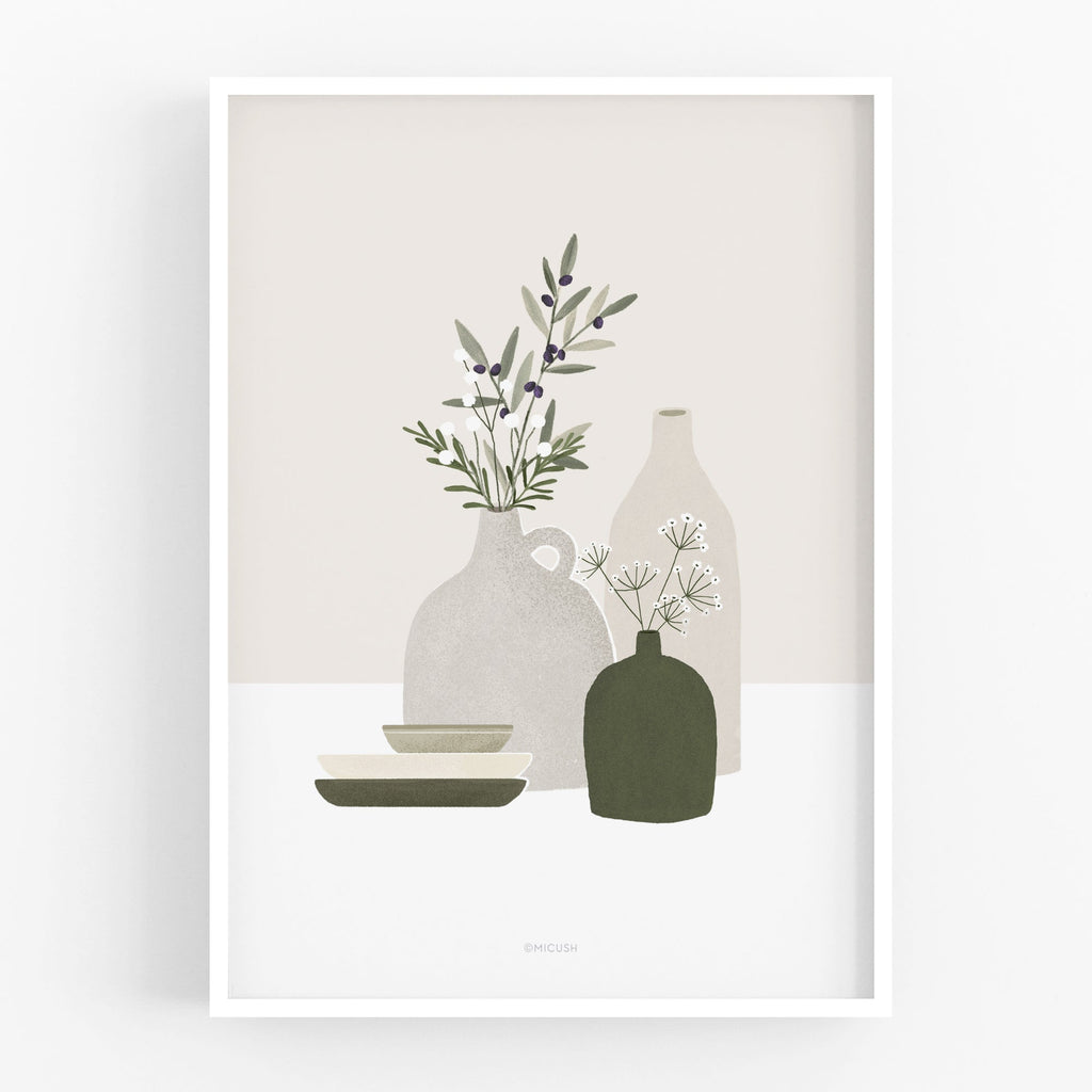 הדפס - Pottery and Flowers - Olive Branch A4