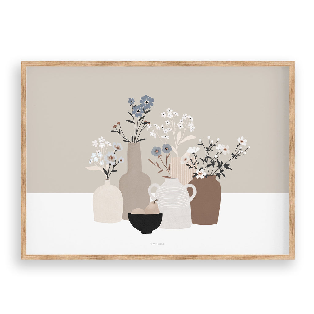 הדפס - Pottery And Flowers - Light Brown Background