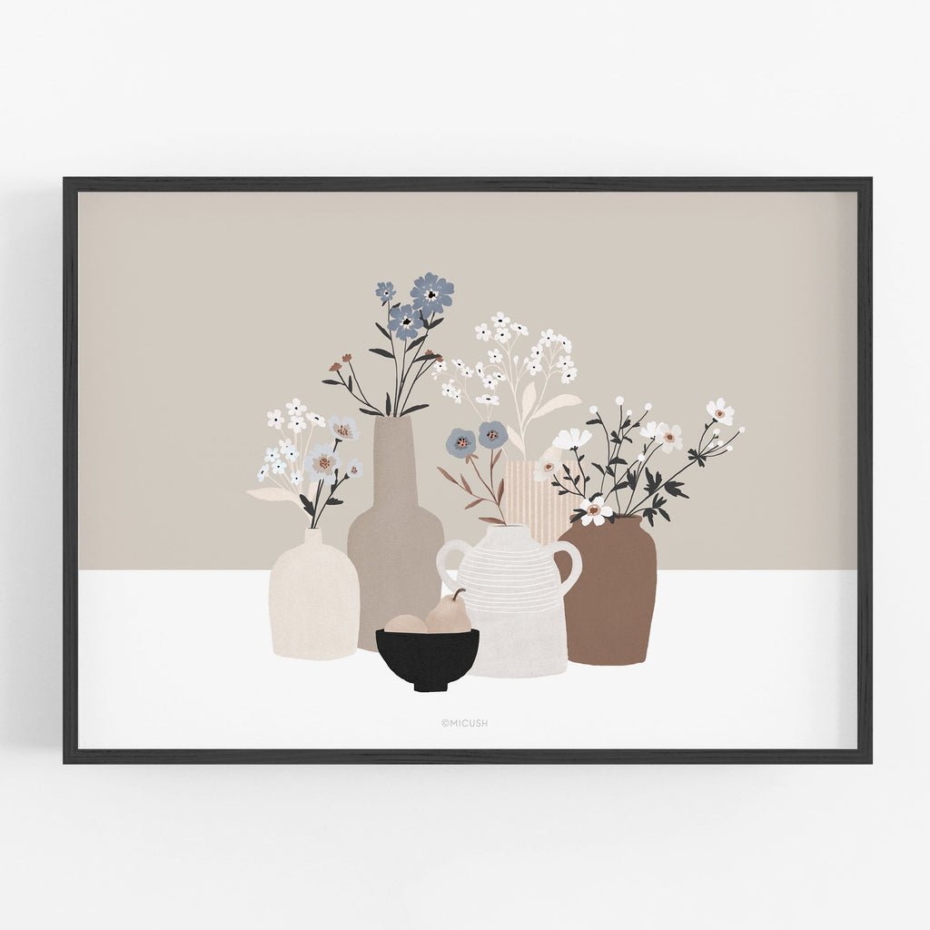 הדפס - Pottery And Flowers - Light Brown Background