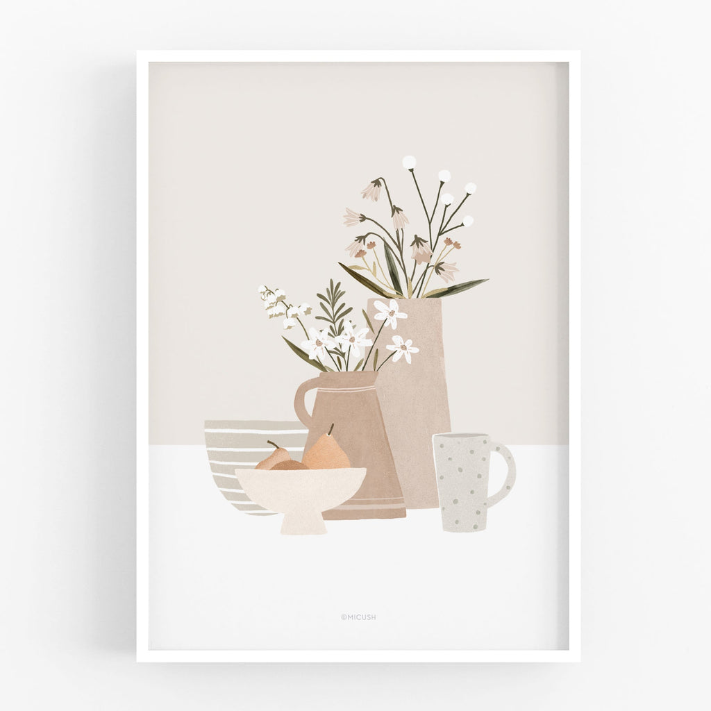 הדפס A4 - Pottery and Flowers - Spring Table
